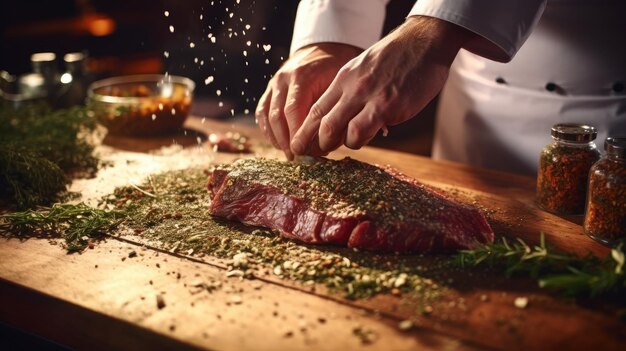 Le chef ajoute des assaisonnements avec des herbes séchées et les saupoudre dans la viande placée sur une planche de bois dans la cuisine d'un restaurant.