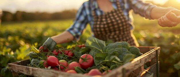 Un chef anonyme récolte des légumes dans un champ agricole Un fermier biologique arrange les légumes fraîchement cueillis dans une caisse