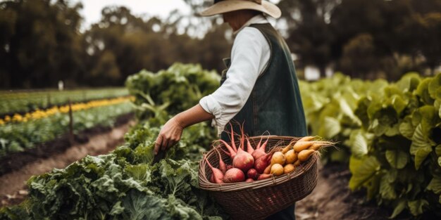 Un chef anonyme récolte des légumes frais dans une ferme.