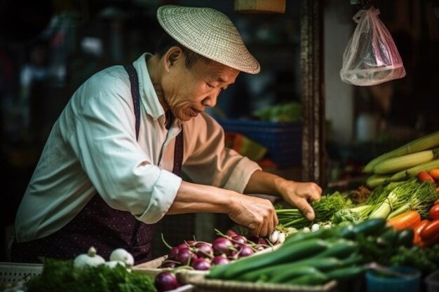 Chef asiatique choisissant des légumes frais au marché alimentaire Generative AI