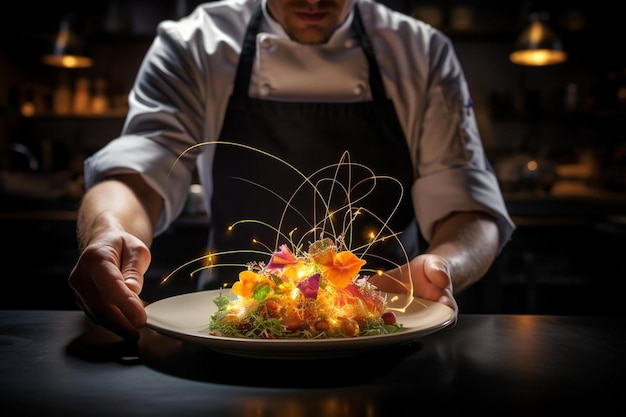 Chef avec une assiette de nourriture qui dit " chef "