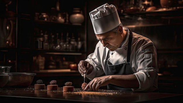 Un chef au chapeau blanc travaille sur une table avec un couteau et un morceau de fromage.