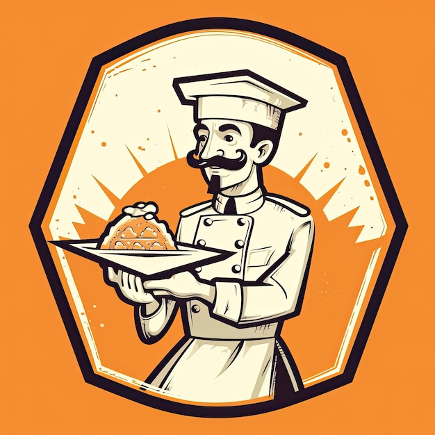 Photo un chef de bande dessinée tenant une baguette et une assiette dans le style de l'ia générative orange clair et bronze