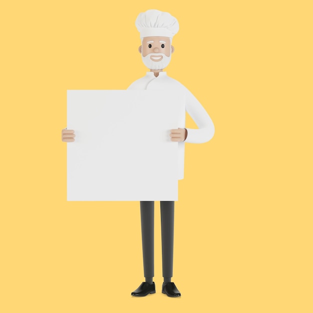 Chef avec une bannière dans ses mains. Illustration 3D en style cartoon.