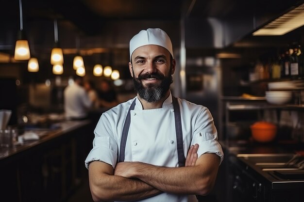 Le chef barbu exubérant qui s'épanouit dans l'ambiance d'une cuisine de restaurantAR 32