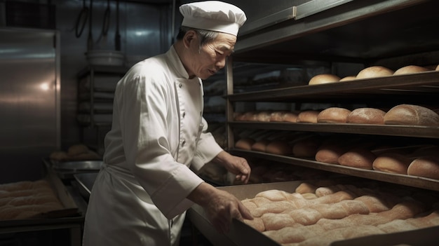 Chef boulanger mâle avec un tablier faisant de délicieux produits de boulangerie dans la boulangerie Generative AI AIG21