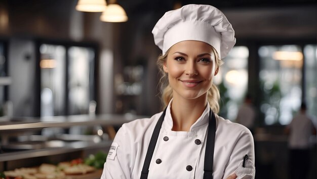 Photo chef ou boulanger souriant avec les bras croisés sur le fond d'une cuisine de restaurant