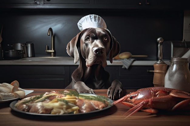 Chef canin utilisant des techniques culinaires de pointe servant un plat de fruits de mer avec une touche unique