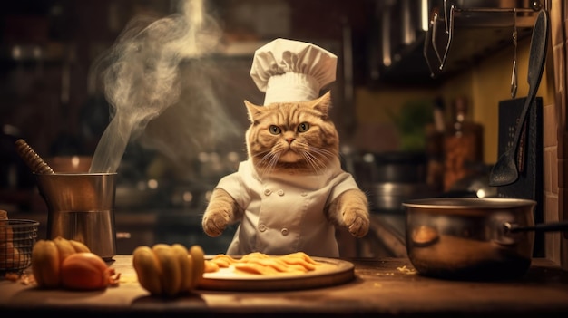 Le chef de chat dans la cuisine prépare la nourriture générée par l'IA