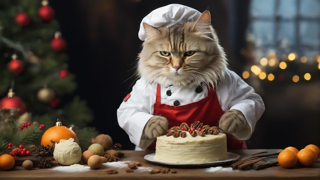 Le chef chat prépare un gâteau.