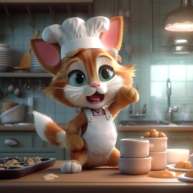 Chef de chaton d'animation 3D faisant un gâteau dans la cuisine