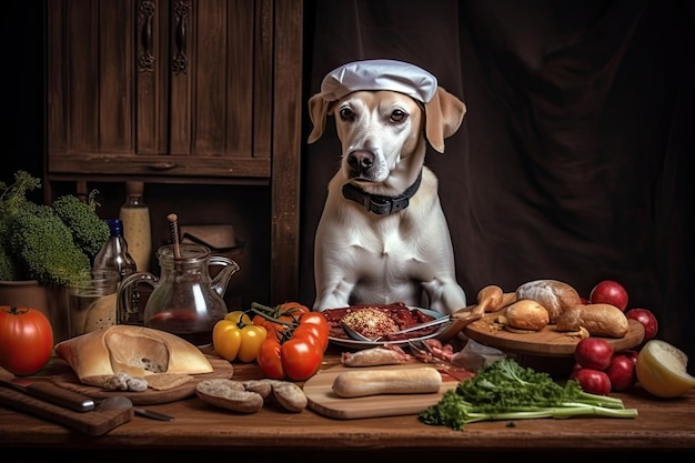 Chef de chien avec des ingrédients et des outils pour cuisiner préparer un repas savoureux pour son propriétaire bien-aimé