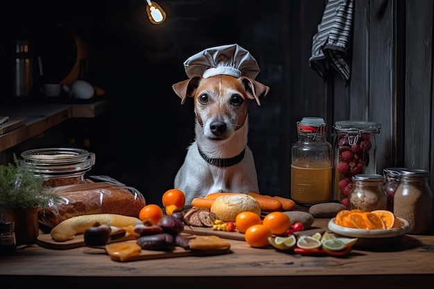 Chef de chien avec des ingrédients et des recettes à portée de main préparant un délicieux repas fait maison pour un animal de compagnie bien-aimé