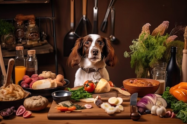 Chef de chien préparant un chef-d'œuvre culinaire avec des ingrédients et des ustensiles de toutes formes et tailles