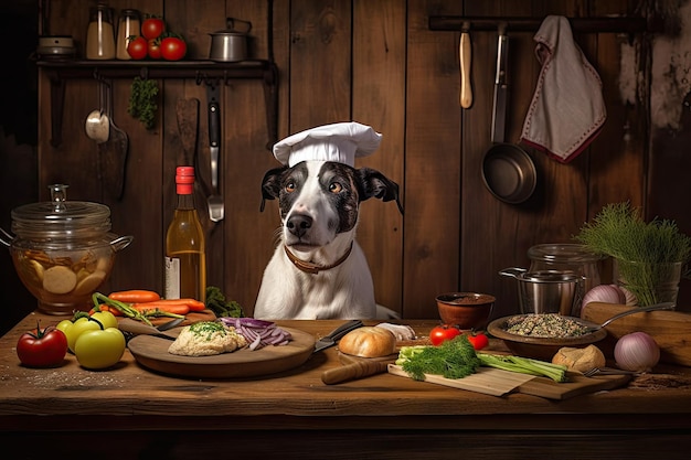 Chef de chien préparant un délicieux repas de poisson et de légumes sur un comptoir de cuisine en bois