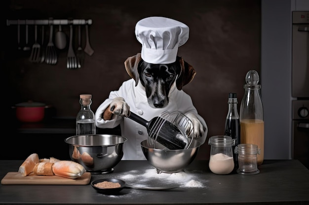 Chef de chien utilisant un fouet pour mélanger les ingrédients de la création culinaire créée avec l'IA générative