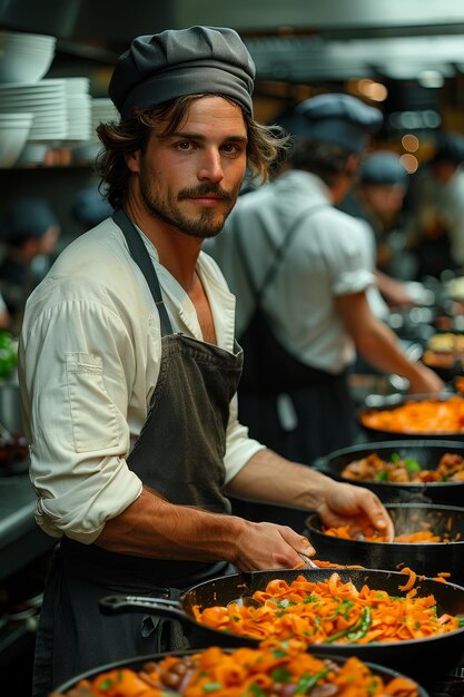 Photo chef concentré cuisinant avec des ingrédients frais dans une cuisine professionnelle