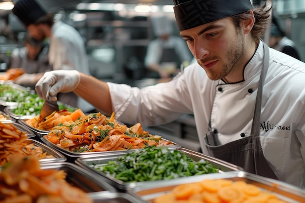 Chef concentré finissant un plat de restauration dans une cuisine professionnelle