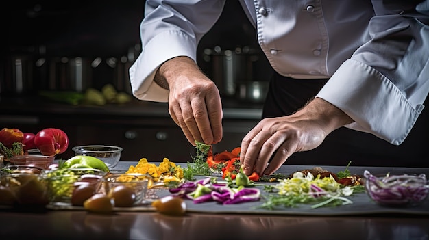 un chef coupant des légumes sur une planche à couper avec un chef en arrière-plan