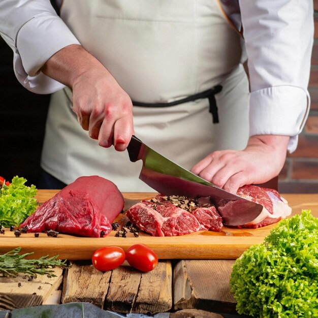 Le chef coupe le bœuf en steaks sur une planche de bois, différents types de viande se trouvent sur des planches de bois