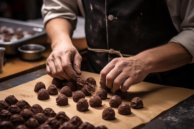 Photo un chef coupe des chocolats sur une planche à découper.