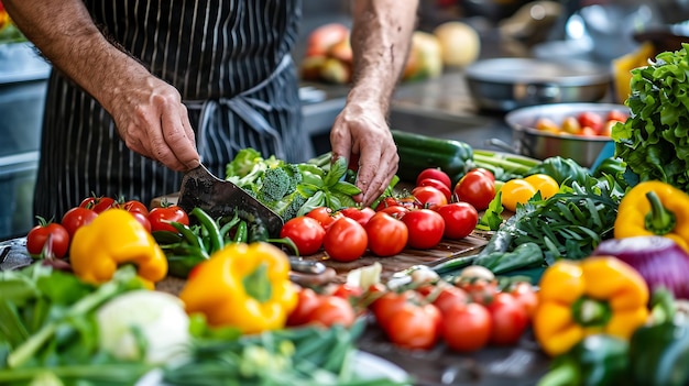 Photo un chef coupe des légumes dans une cuisine commerciale. il est entouré de produits frais qu'il utilise pour préparer un repas.