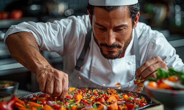 Photo un chef coupe des légumes devant une pizza