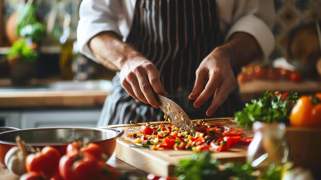 Photo un chef coupe des légumes frais sur une planche à couper en bois. il porte un manteau de chef blanc et un tablier rayé.