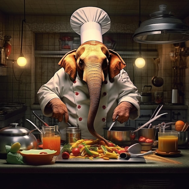 un chef coupe de la nourriture avec un éléphant sur la table