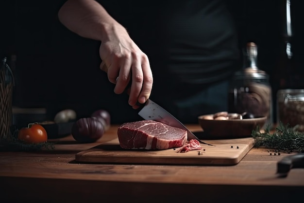 Chef avec un couteau coupant un morceau de viande sur une table en bois et fond noir Ai génératif