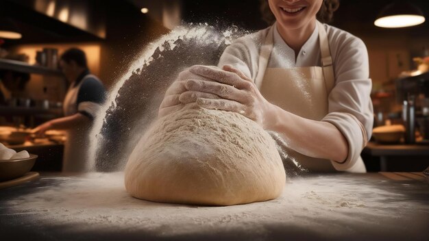 Le chef couvre la pâte avec de la farine