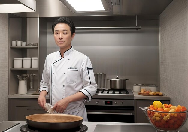 Chef cuisinant dans une belle cuisine moderne IA générative
