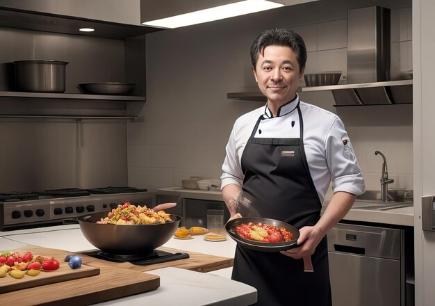 Chef cuisinant dans une belle cuisine moderne IA générative