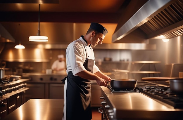 un chef cuisinant dans la cuisine d'un restaurant