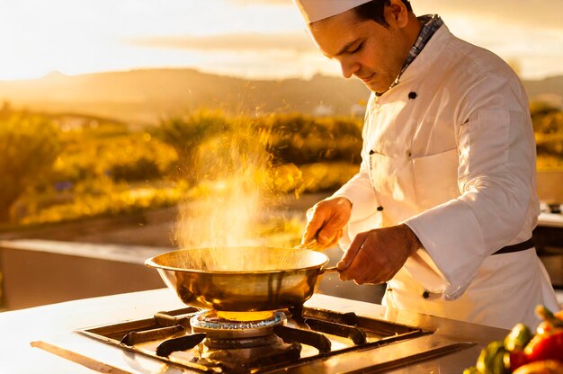 Le chef cuisinant dans la vieille cuisine.