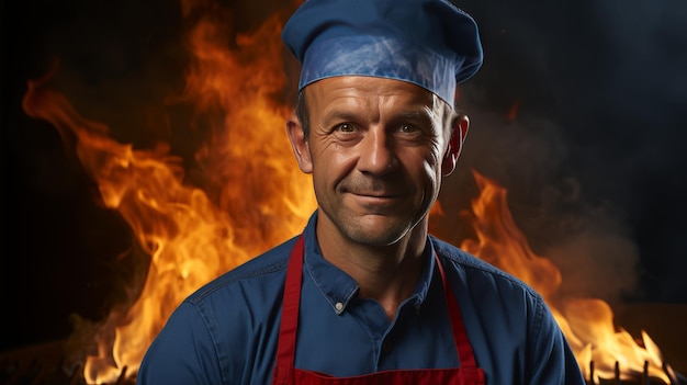 Chef cuisinant devant le feu