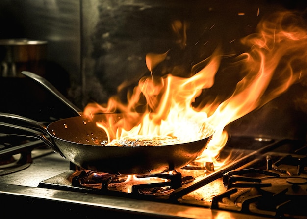 Chef cuisinant avec la flamme dans une poêle à frire sur un poêle de cuisine Chef dans la cuisine d'un restaurant au poêle avec une casserole