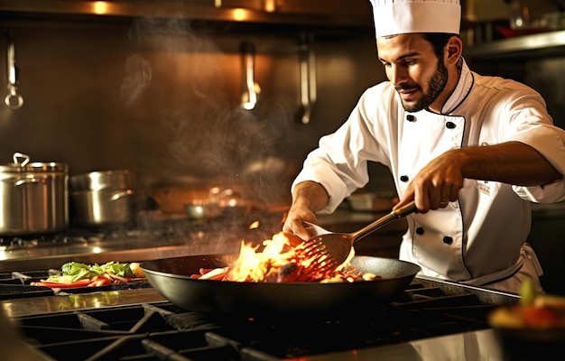 Chef cuisinant avec la flamme dans une poêle à frire sur un poêle de cuisine Chef dans la cuisine d'un restaurant au poêle avec une casserole