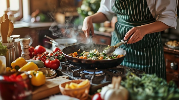 Chef cuisinant des légumes dans une casserole avec de la vapeur dans une cuisine familiale