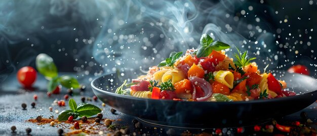 Photo un chef cuisinant des pâtes colorées avec des légumes, des herbes et des sauces crée un plat délicieux concept de cuisine chef cuisinier des pâtes couleur des légumes des herbes des sauces délicieux plat