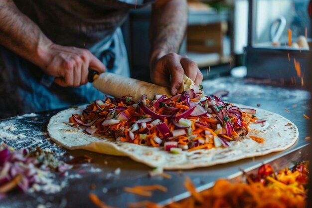 Un chef cuisinant de la viande avec de la sauce barbecue