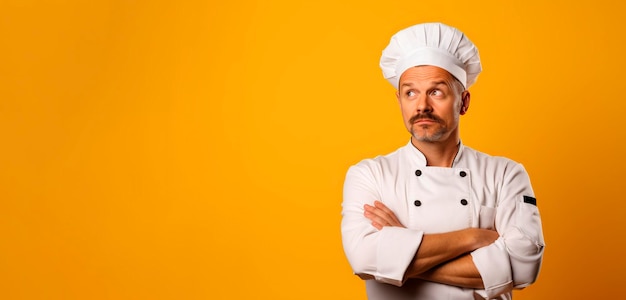 Un chef cuisinier ou un boulanger en uniforme pense à ce qu'il doit cuisiner.