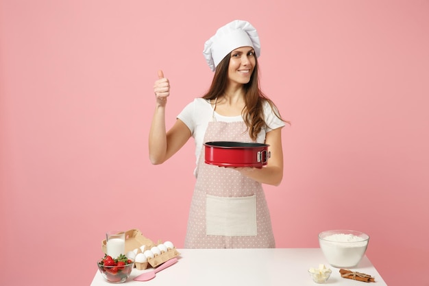 Chef cuisinier confiseur ou boulanger en t-shirt blanc tablier, chapeau de chefs toque cuisson gâteau ou cupcake à table tenir plat de cuisson isolé sur fond pastel rose en studio. Maquette du concept de nourriture de l'espace de copie.