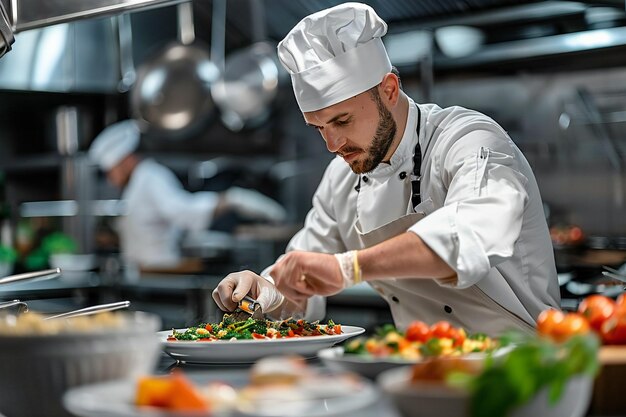 Chef cuisinier dans la cuisine du restaurant Le métier d'un cuisinier est la préparation de la nourriture.