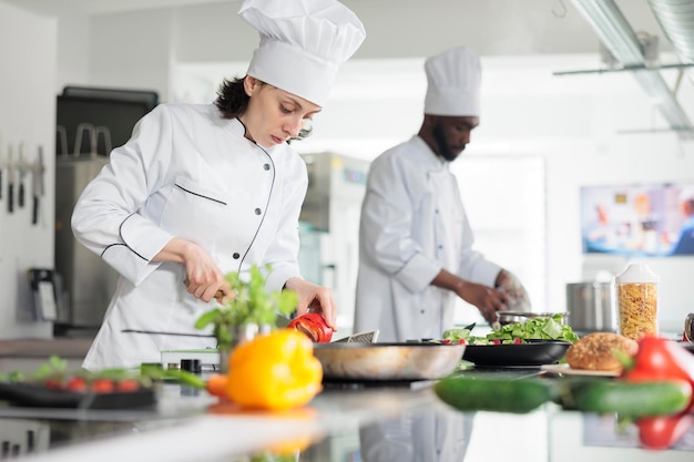 Chef cuisinier dans une cuisine professionnelle cuisinant des aliments biologiques tout en coupant des légumes frais. Sous-chef coupant des légumes de poivron rouge pour un plat gastronomique servi au dîner au restaurant