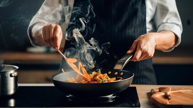 Le chef cuisinier est occupé à cuisiner dans la cuisine.