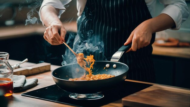 Le chef cuisinier est occupé à cuisiner dans la cuisine.