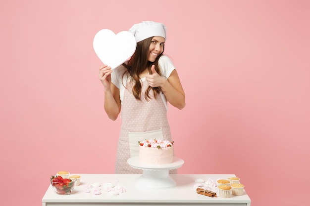 Chef cuisinier pâtissier ou boulanger en t-shirt blanc tablier, toque chapeau de chefs cuisinant un gâteau ou un cupcake à table tenir comme un coeur isolé sur fond pastel rose en studio. Maquette du concept de nourriture de l'espace de copie.