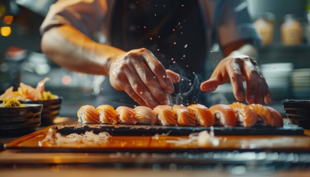 Un chef cuisinier préparant des sushis dans une cuisine professionnelle