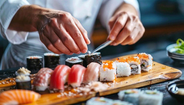 Le chef cuisinier prépare un plateau de sushi.